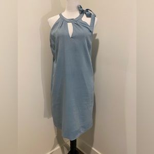 J Brand Women Blue Casual Dress Large, Sleeveless, with pockets, neck bow tie.